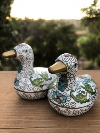 Vintage Pair Brass Enameled Cloisonne Duck Trinket Boxes Miniatures 2.  5 Inch X 2