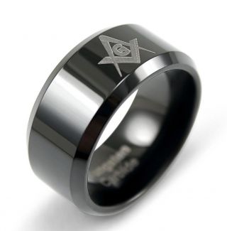 Masonic Black Tungsten Ring With Square & Compass | Freemasonry | Mens Rings