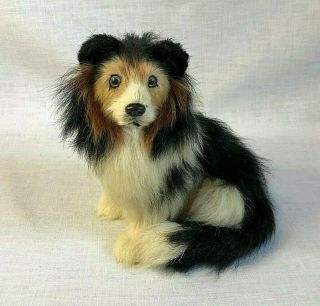 Vintage Real Fur Stuffed Collie Dog Tri Color Black Brown White Seated 7 In