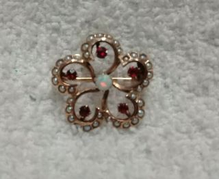 Antique 10k Rose Gold Brooch With Opal,  5 Garnets & 30 Small Seed Pearls