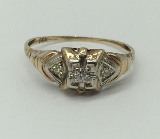 Vintage Art Deco 14 K Yellow Gold White Gold Ring With 3 Small Diamonds 5 1/2