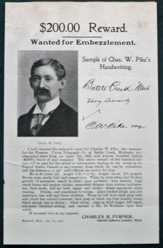 Charles W Pike Battle Creek Mi Telegraph Co Embezzler Orig 1906 Wanted Poster