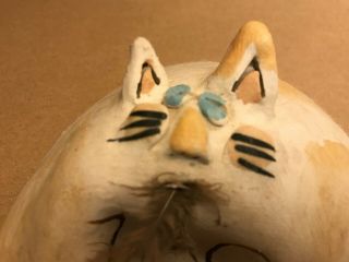 Ceramic Fat Cat Ate The Bird Art Sculpture Pottery Whimsical Hand Crafted Ooak