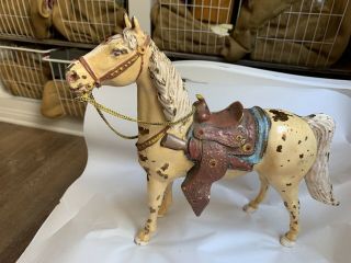 Vtg Great Patina Cast Metal Painted Saddled Horse Statue Figurine 10 1/2 " 5a