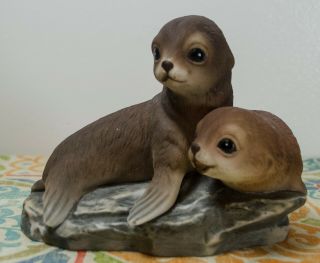 Baby Seals On Rock.  Vintage Masterpiece Porcelain By Homco