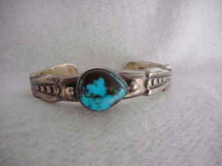 Vintage Signed Jd Hand Made Navajo Sterling Silver & Turquoise Cuff Bracelet