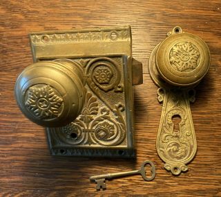 Antique Heavy Cast Brass Door Knob Set S&m W/key; One - Sided Lock; Late 19th C