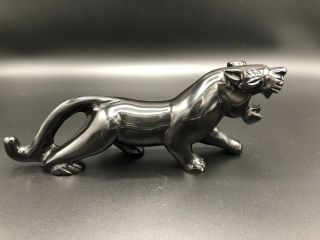 Vintage Black Panther Cougar Carved Stone Statue Figurine 9” Long