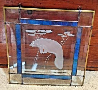 Vintage Stained Glass & Etched Blue Manatee Hanging Panel