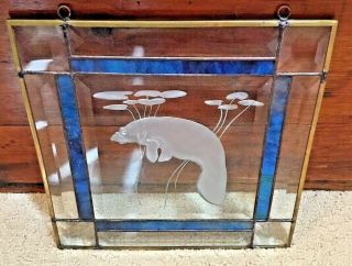 VINTAGE STAINED GLASS & ETCHED BLUE Manatee HANGING PANEL 2