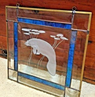 VINTAGE STAINED GLASS & ETCHED BLUE Manatee HANGING PANEL 3