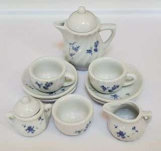 Childs Tea Set Blue & White Floral Porcelain Vintage Miniature Teaset China