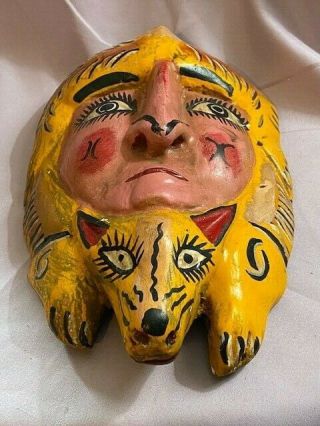 Vintage Hand Painted Carved Wood Wall Hanging Mask Half Man Half Fox Mexico