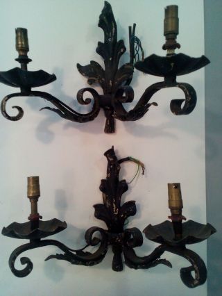 Antique Vintage Black Metal Two Arm Wall Lights Chandeliers