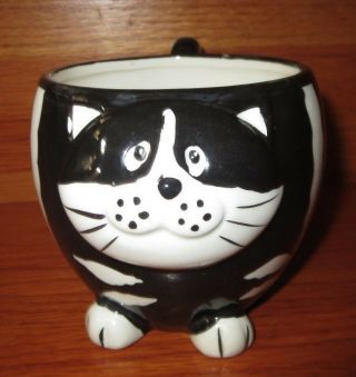 Pier 1 Imports Black And White Chubby Fat Cat Coffee Mug Hand Painted