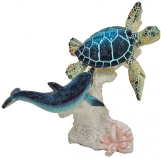8l " Glazed Resin Blue Sea Turtle And Dolphin On Coral Yx3914