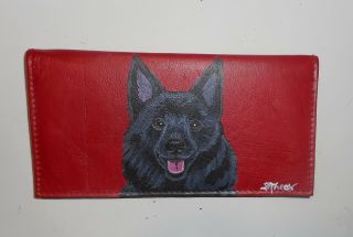 Schipperke Dog Hand Painted Red Leather Checkbook Cover Case
