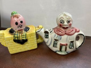 Vintage Humpty Dumpty And Old Lady In Teapot Salt And Pepper Shaker Set