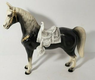 Vintage Hard Plastic Black & White Horse With Saddle,  Missing Chains For Bridle