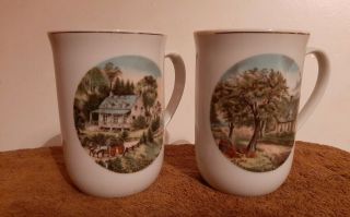 2 Currier And Ives " Seasons " Coffee/tea Mugs/cups Vintage Summer,  & Autumn Japan