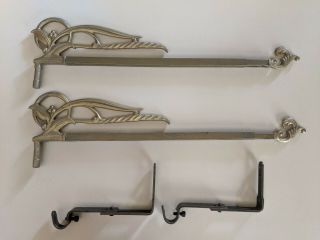 Vintage Art Deco Curtain Rods W/brackets Swing Arm Flower And Leaves Set Of 2
