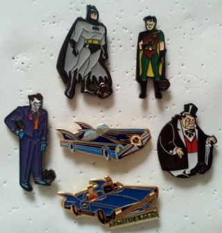 Lions Club Pins - Batman & Robin,  Joker And The Penguin Plus 2 Cars (6 Pins)