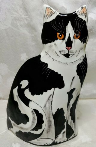 Cats By Nina Lyman Hand Painted Ceramic Black And White Spotted Kitty Vase 11 "