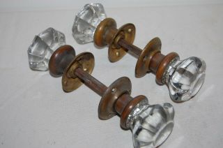 2 Pairs Of Antique Glass Crystal And Brass Door Knobs 8 Point