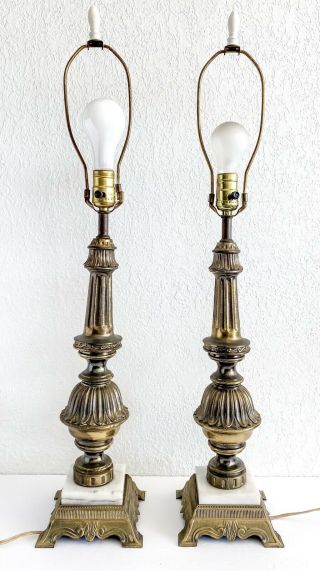 Vintage Stiffel Mid Century Table Lamp Brass Gold Metal Marble Base Set 2 Mcm