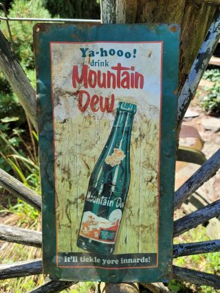 Vintage Old Mountain Dew Soda Metal Display Button Sign Pepsi Advertising