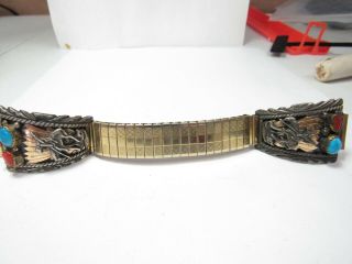 Vintage Sterling Southwestern Turquoise & Coral " End Of Trail " Watch Band