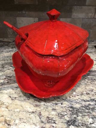 Large Vintage Deep Red Soup Tureen With Ladle And Liner Made In Italy Ex Cond