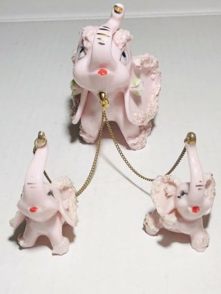 Vintage Elephant Figure With Babies On Chain Leashes Trunks Up Good Luck Ceramic