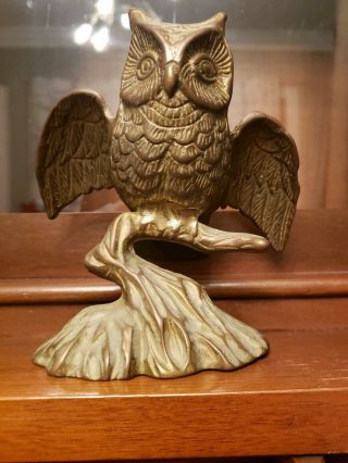 Vintage Mid Century Solid Brass Owl On Branch Perch Bird Figurine Statue