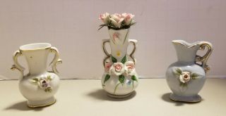 Vintage Set Of 3 Minature Porcelain Bud Vases With Rose Embelishments