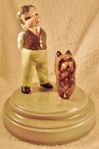 Dog Figurine Silky Terrier On Base W/ Boy Pottery 1950 