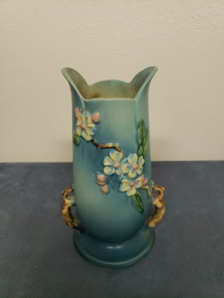 Vintage 1949 Roseville Art Pottery Apple Blossom Blue Flower Vase 389 - 10