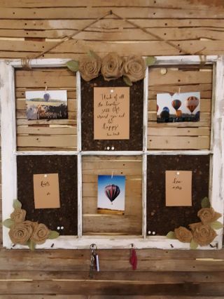 Vintage Upcycled Barn Window Corkboard/photo Display/key Holder W/ Burlap Roses
