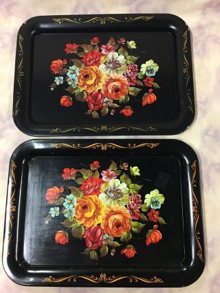 Vintage Black Tin Trays With Floral Print 17 - 1/2 