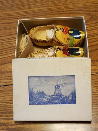Vintage Holland Wooden Shoes Boy And Girl With Box,  Hand Painted