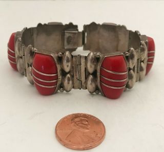 Vintage Signed Red Coral Stone Bracelet Mexico Mexican Sterling Silver