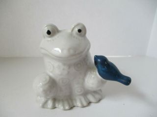 Small Collectible Frog With Blue Bird Vase,  3 " Tall,  White Frog,  Cute