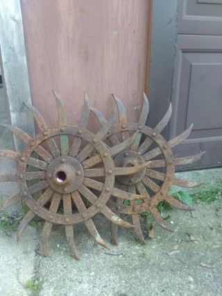Old Vintage Rotary Cultivator Hoe Wheel Metal Farm Industrial Decor.  Set Of 2