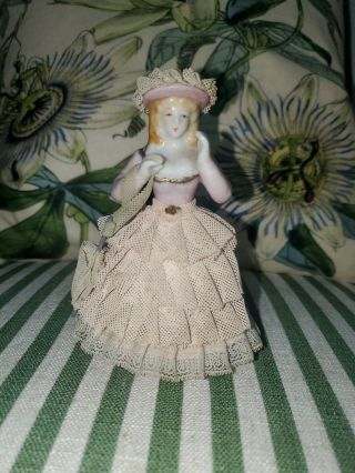 Vintage Figurine With Umbrella And Lace Dress Japan