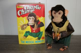 Vintage Tin Battery Operated Charlie Chimp Cymbal Playing Mionky By Lincoln O/b