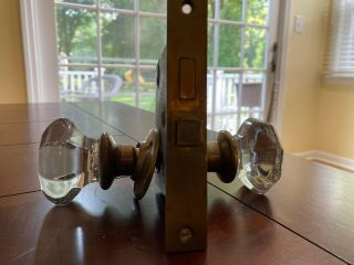 Vintage Complete Glass And Brass Door Knob Lock Backplate Set