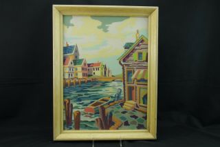 Paint By Number England Seaport Boat Pier Scene Glass Framed Vintage