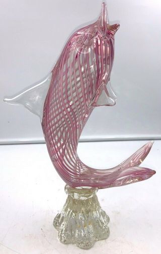 Murano Art Glass 11 " Pink Striped Dolphin Fish Label Venetian Vintage Mcm Italy