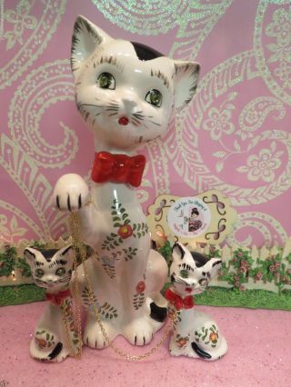 Vtg Lipper & Mann Set Of 3 Floral Anthropomorphic Kitty Cats W Red Bow Collars