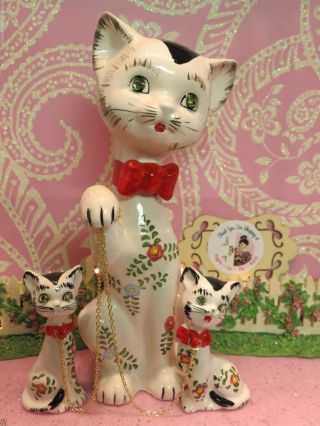 Vtg LIPPER & MANN SET OF 3 FLORAL Anthropomorphic Kitty Cats W Red Bow Collars 2